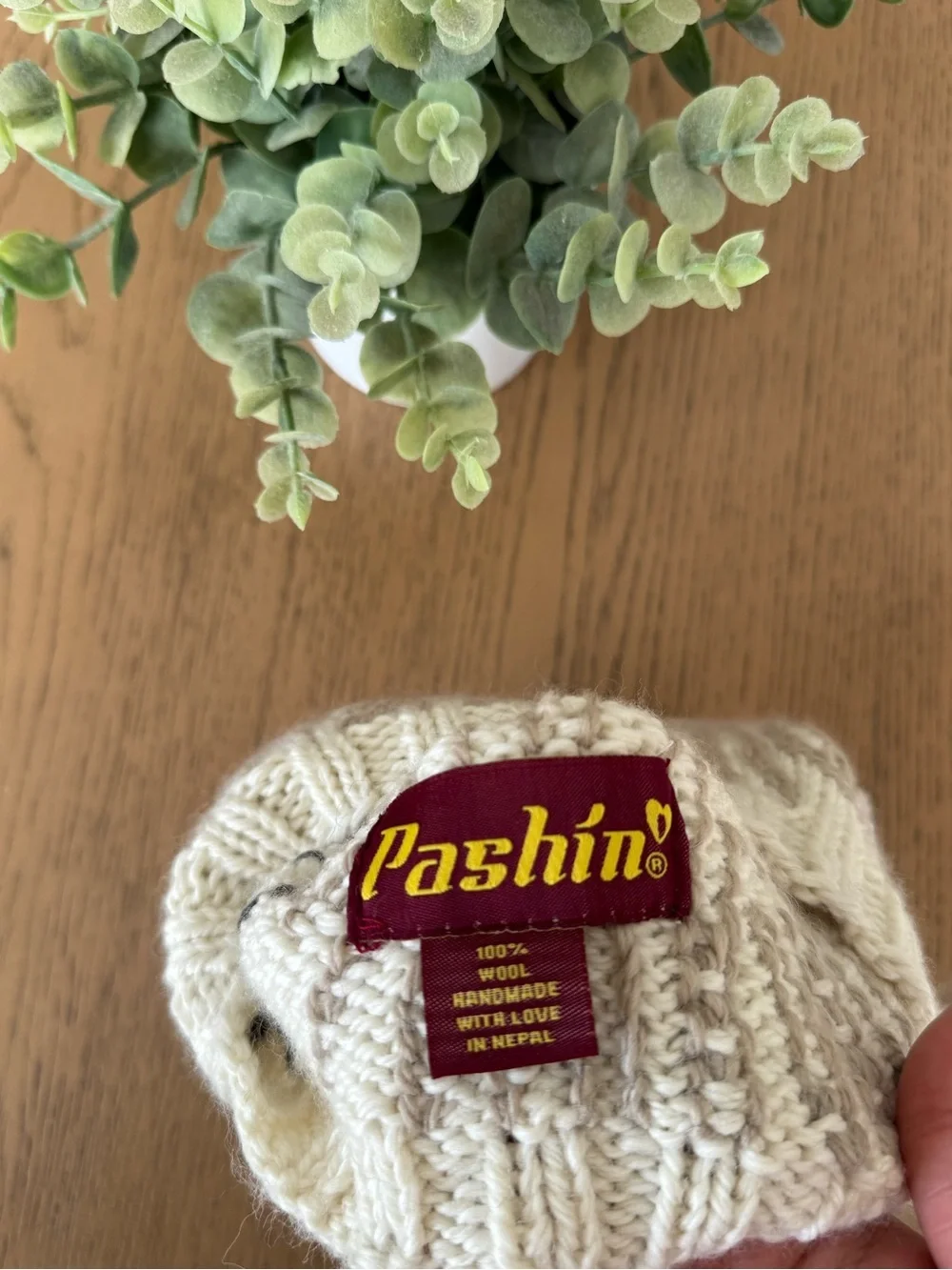 Pashin 100% Wool Handmade Nepal Knit Beanie Hat Cream Taupe Fair Isle Winter Cap